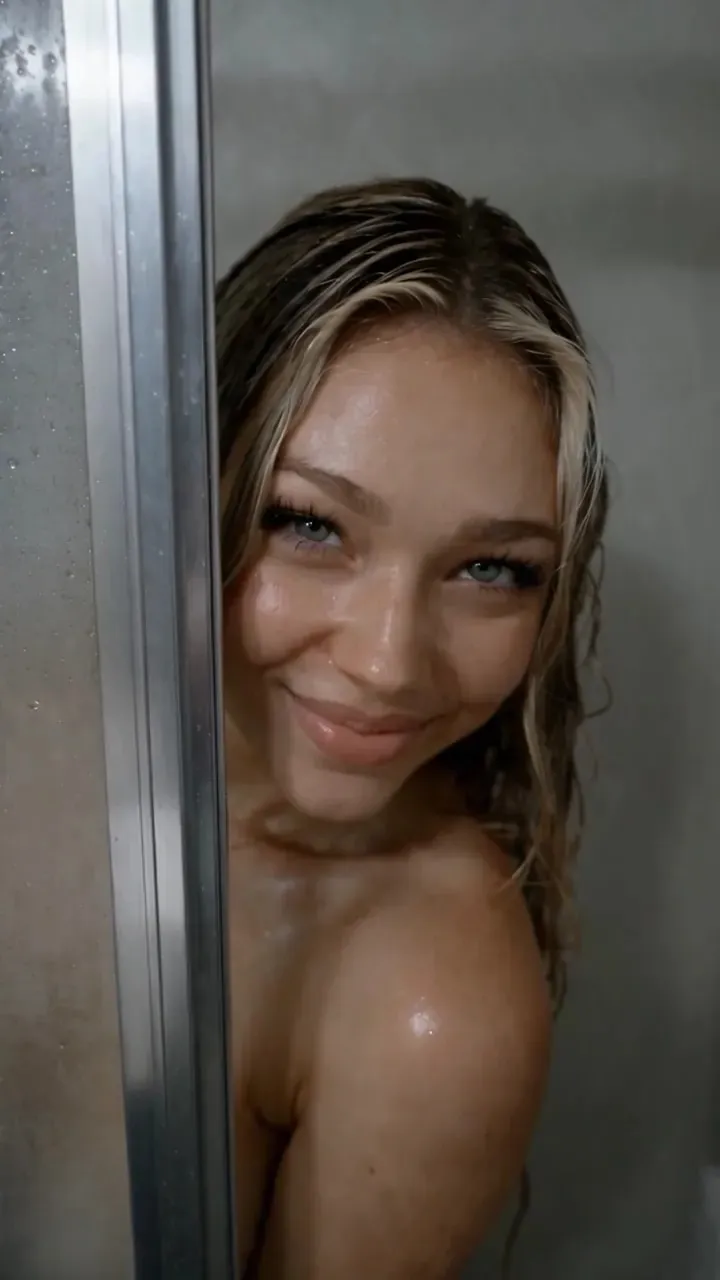 Kenzie at the motel shower door in I Drove My Girlfriend's Stepsister To College